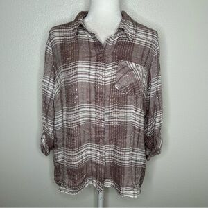Style & Co Womens Brown & White Plaid Button-Up Embellished Long Sleeve Shirt PL